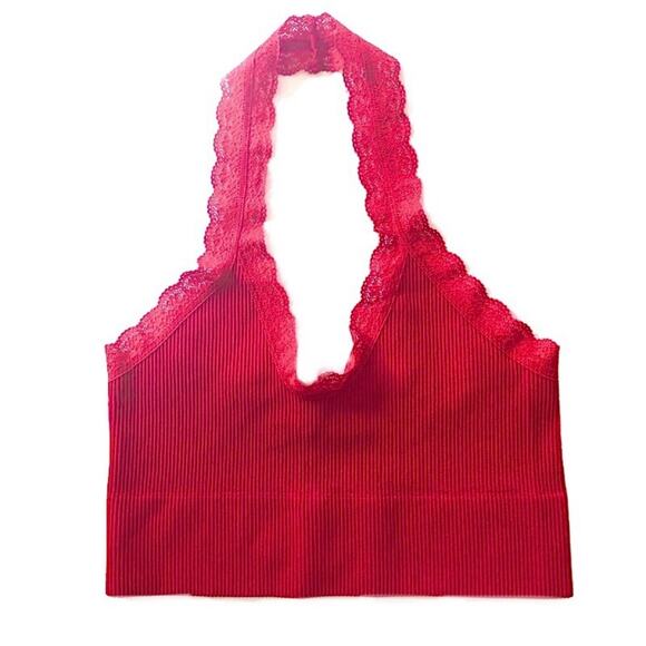 BOZZOLO RibbedSeamless Lace Halter Longline Bralette Red Size M/L - Picture 1 of 3